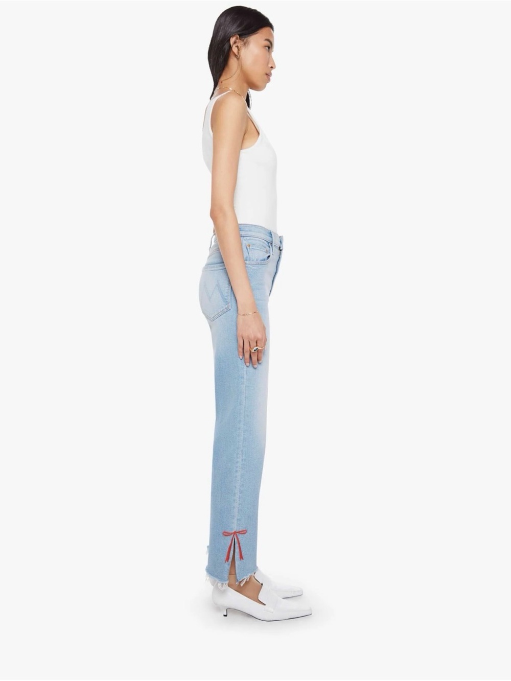 MOTHER Light Blue Straight-Leg Jeans with Red Ankle Bow